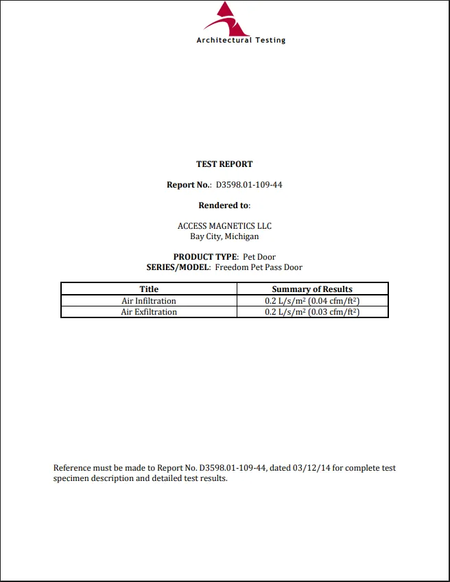 Cover page of ASTM E283 testing report from RANGER pet door